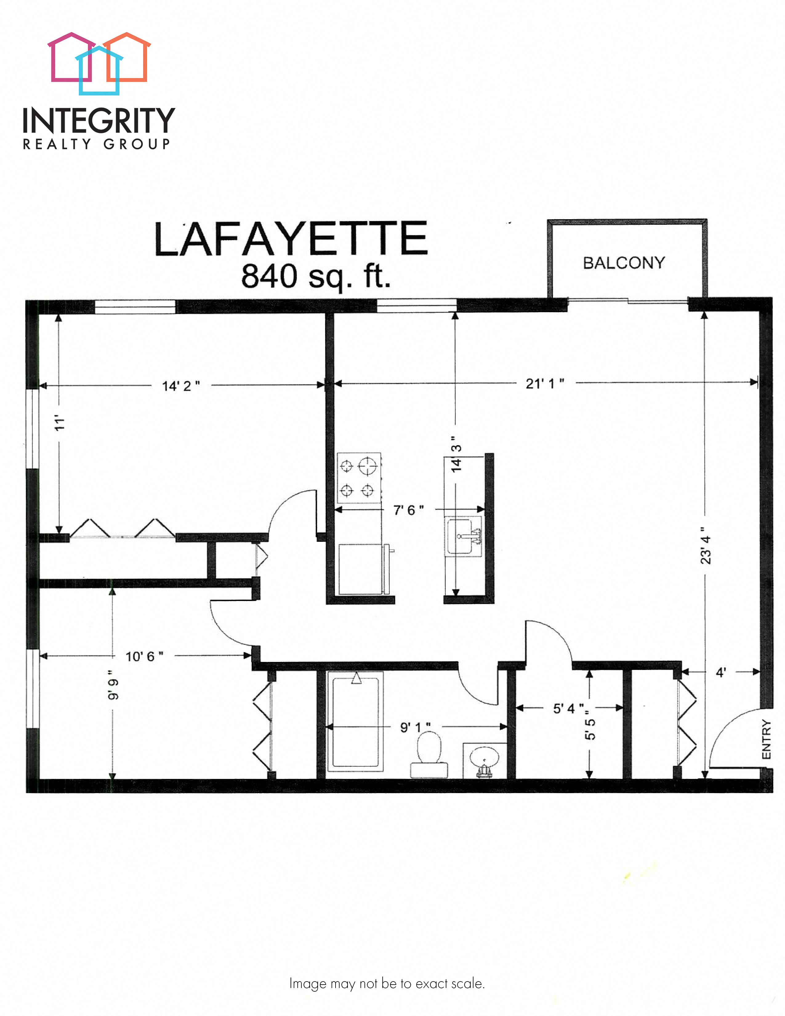 Floor plan for 2 beds, 1 bath, 840 sqft